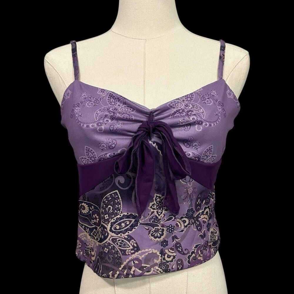 Shein Women's Lined Purple Floral Camisole Top Straps Size L Mesh Lettuce Bow